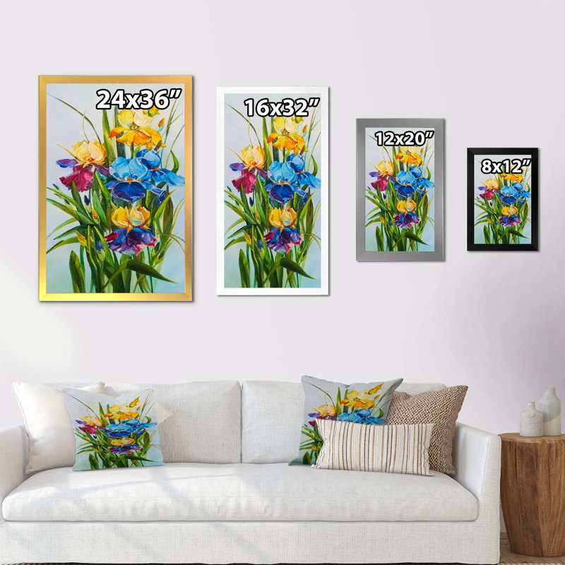 Bouquet d'iris bleus et mauves - peinture, Cadre photo noir, H 20 po x l 12 po x P 1 po