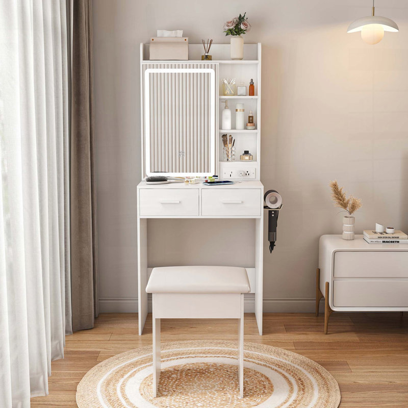 Petit bureau de coiffeuse avec lumières DEL, prise de courant et rangement dissimulé