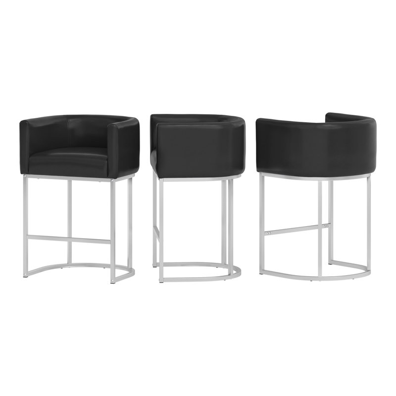 Tabouret de comptoir rembourré 26 "avec structure en métal Jessica, Argent argent, Noir / similicuir