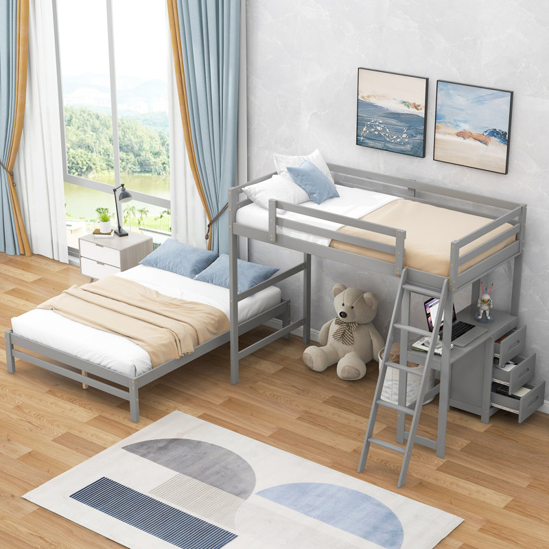 Lit superposé en bois Nolan avec bureau intégré et 3 tiroirs