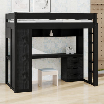 Loft Bed with L Shaped Desk, 4 Drawers and Spacious Open Shelves