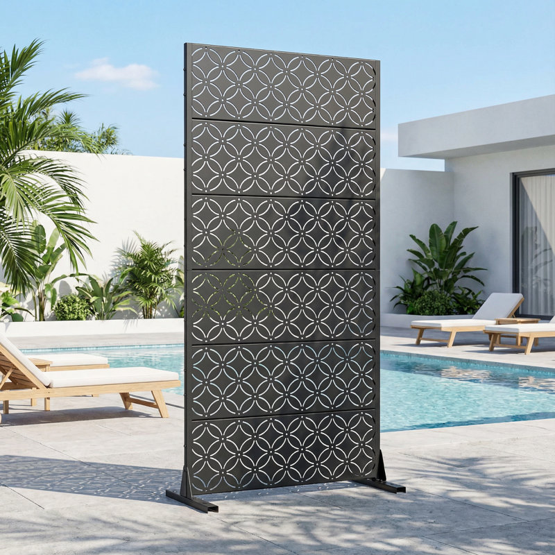 Panneau de clôture d'intimité en métal à rayures horizontales, 72" H x 47" W x 16" D, Noir