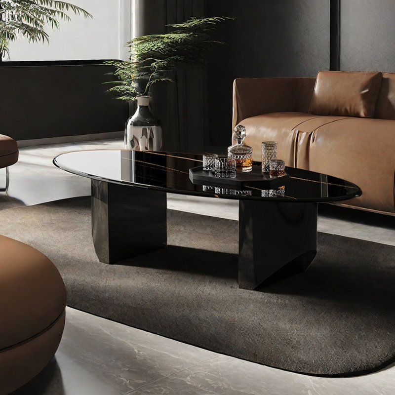 Table basse ovale en marbre clair de luxe, H 15,7 po x L 55,1 po x l 31,5 po