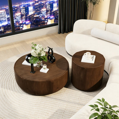 Ensemble de tables basses rondes pour l'intérieur et l'extérieur, ensemble de tables centrales à tambour en grain de bois moderne, imperméable robuste (sans oxyde de magnésium), table sans assemblage pour patio, jardin, cour, salon, brun (ensemble de 2)
