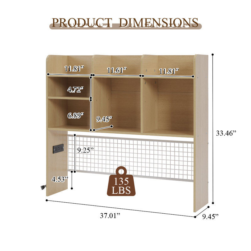 Furnier Desktop Bookshelf With 7-compartment Organizer & Grid Panel, Natural