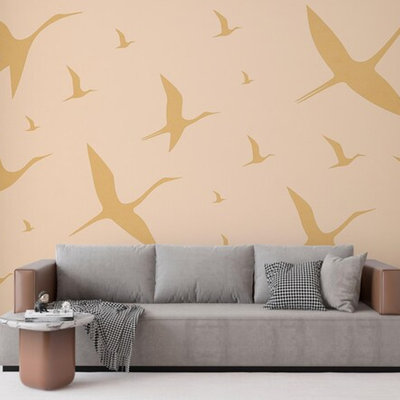Murale d'oiseaux volants minimaux, papier peint à silhouette d'oiseau doré beige, design moderne scandinave pour bureau de chambre à coucher