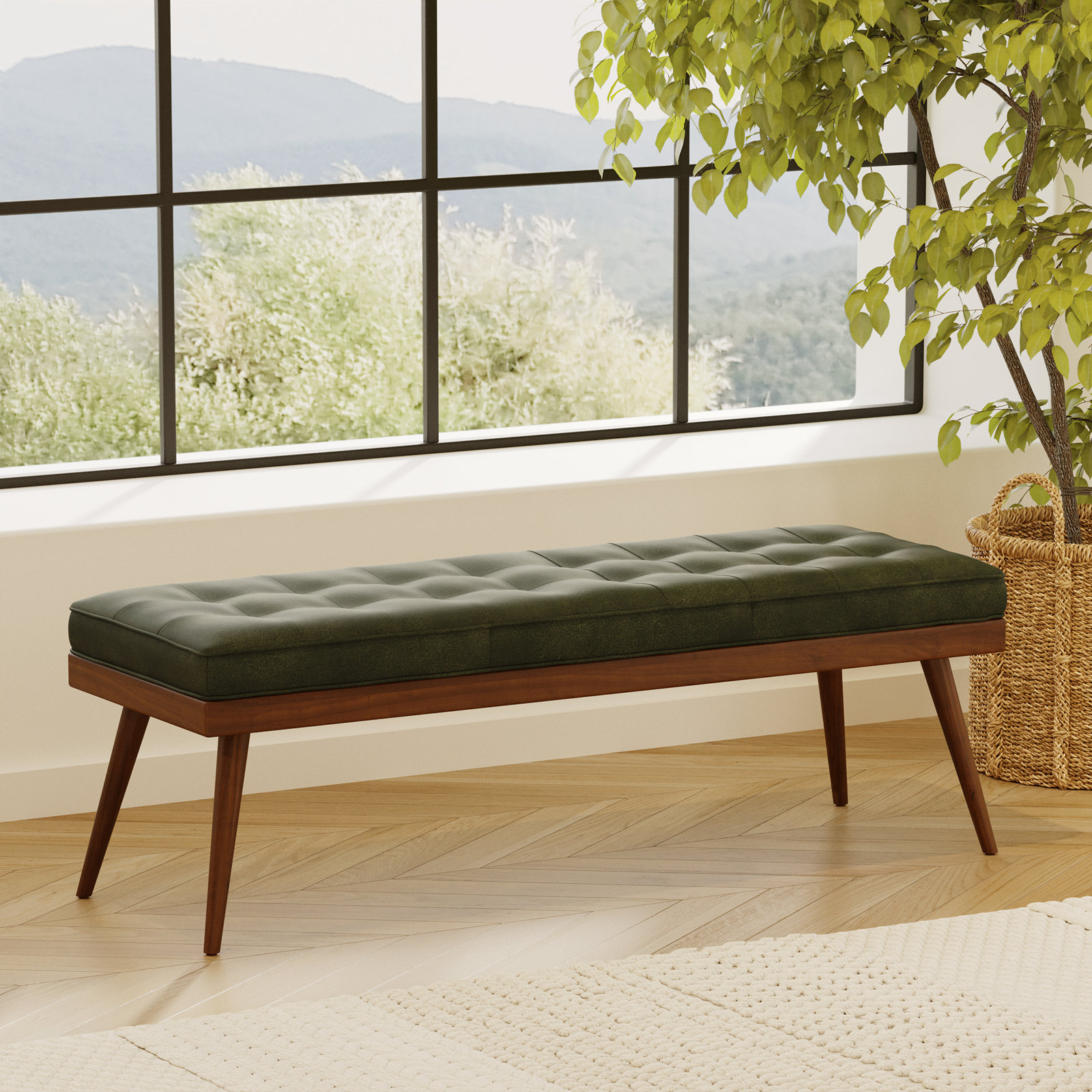 Luca 55" Genuine Leather Entryway Bench, Olivine Green