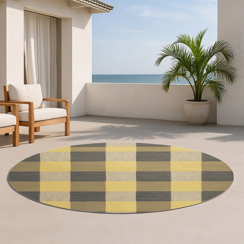 Tapis d'intérieur et d'extérieur à carreaux brun, Rond 5 pi