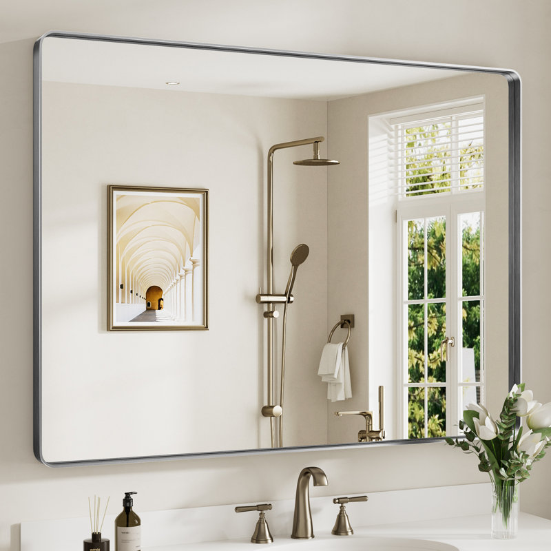Miroir de salle de bain mural Llesenia, Argent argent, 48 po x 36 po, Rectangulaire