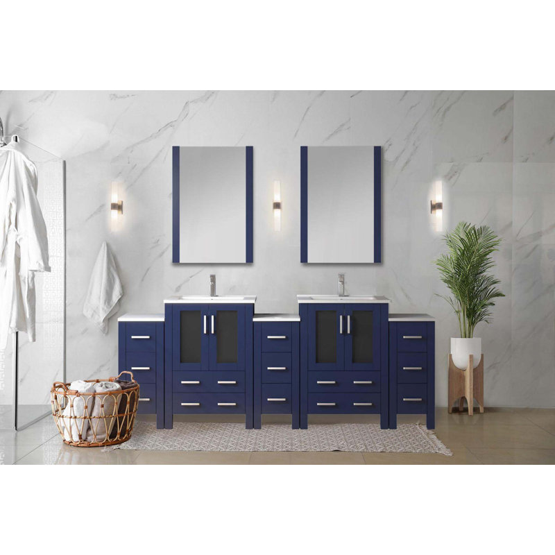Meuble-lavabo double avec armoires latérales, ensemble de robinets, comptoir en céramique blanche et miroirs de 22 po