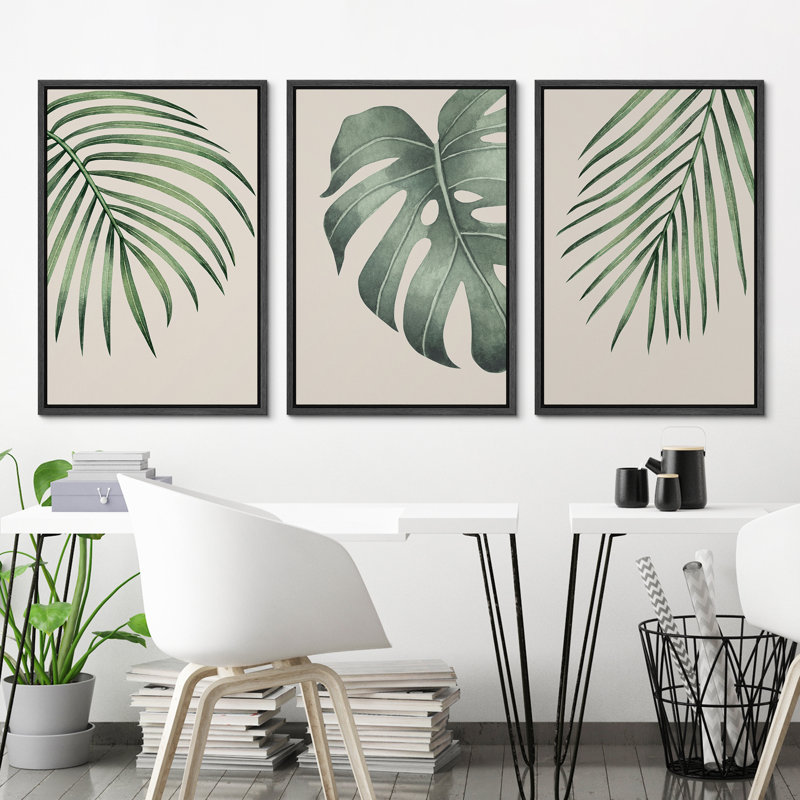 «Minimal Botanical Green Tropical Island Monstera Palm Tree Leaves», reproduction d'art sur toile 3 pièces, H 24 po x l 48 po