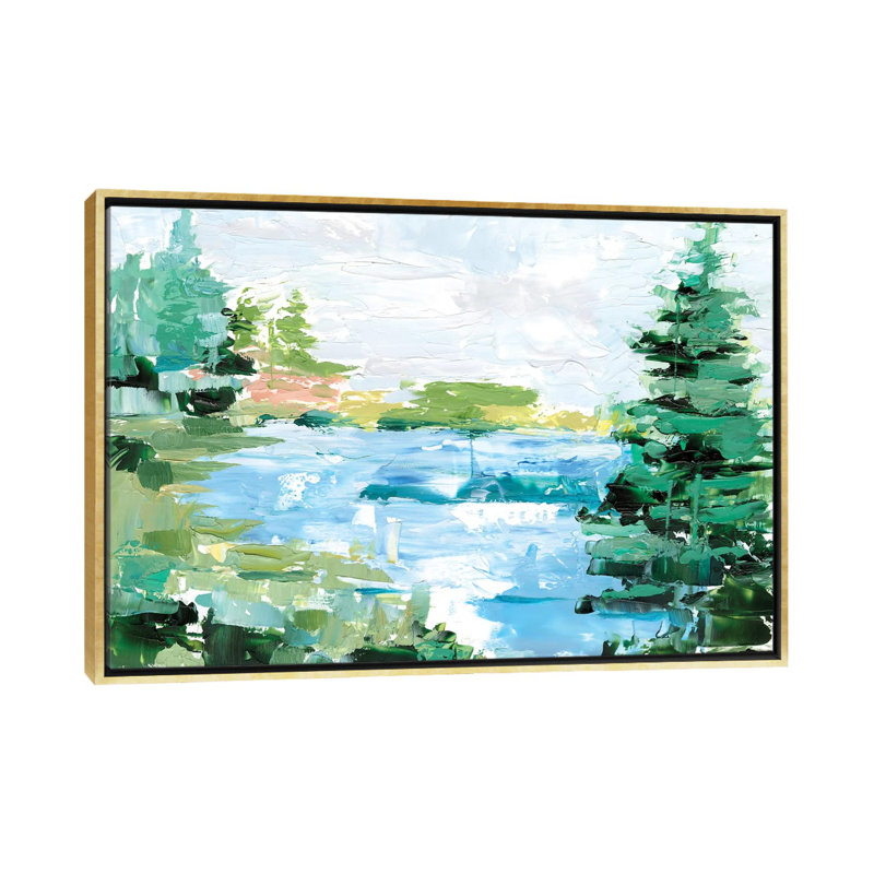 «Evergreen Lake II» par Ethan Harper - reproduction d'art, H 26 po x l 40 po x 1,5 po, Toile encadrée d'or, Pas de tapis