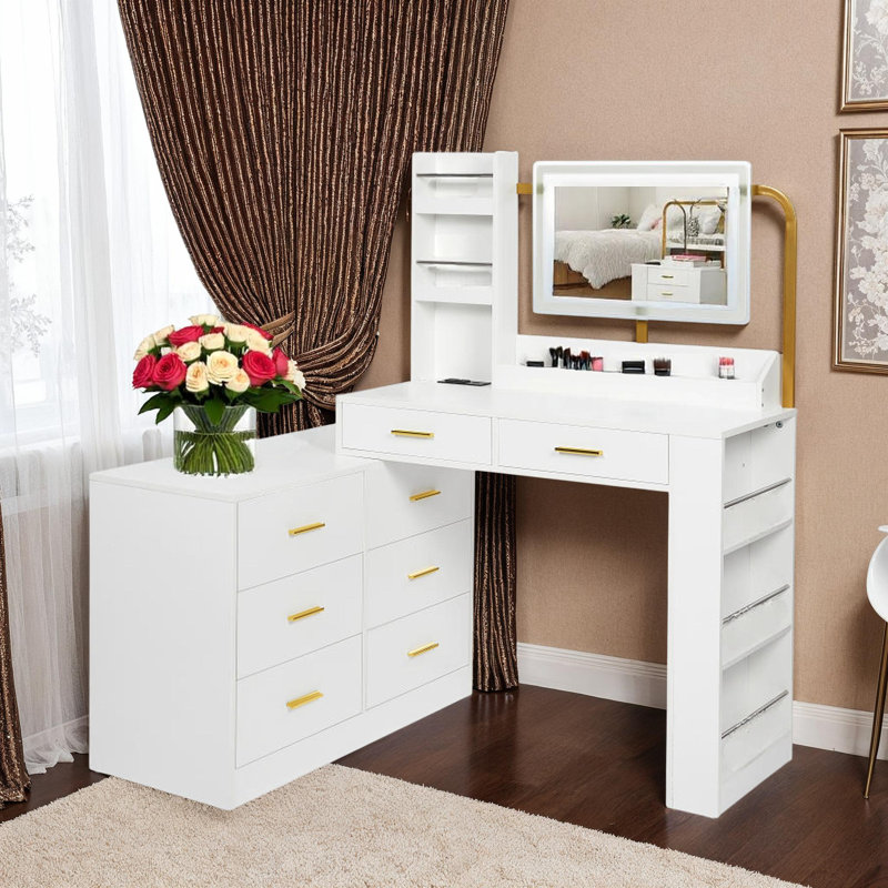 White Makeup Vanity Desk with LED & 8-drawer