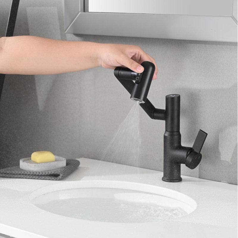 Bathroom sink mixer with spray function and temperature display for non-slip switch and hot/cold and 360° swivel, Matte Black