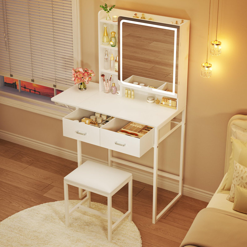 Small Makeup Vanity Desk Fold-up Mirror & Hidden Storage