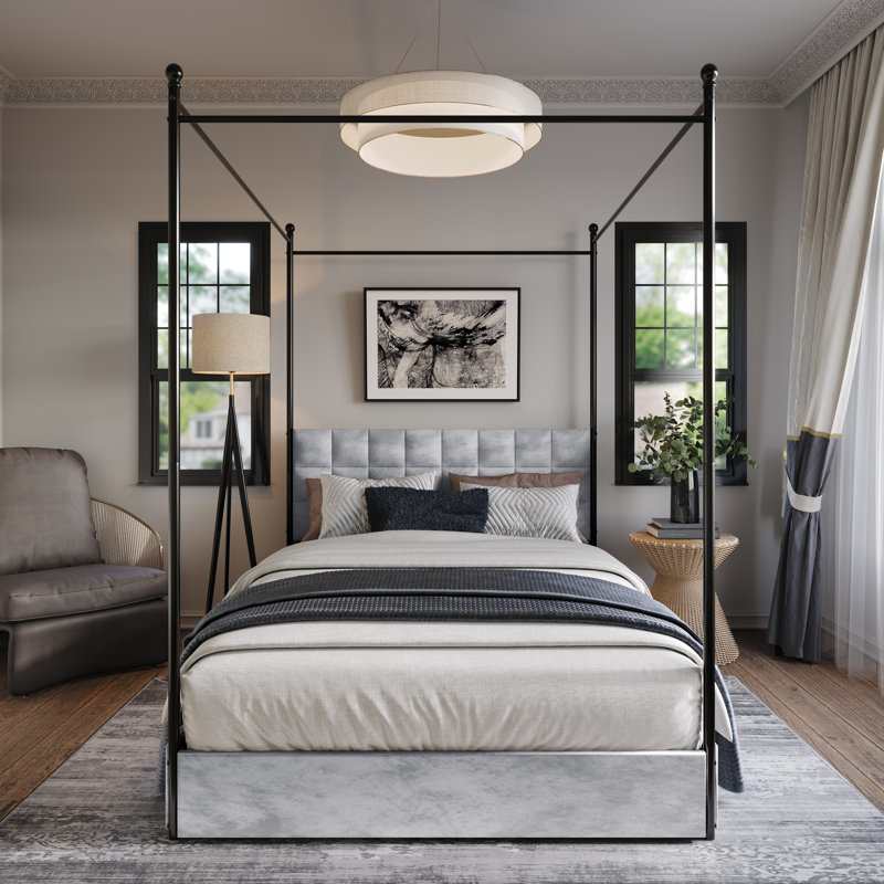 Zahiya Upholstered 4 Drawers Metal Storage Canopy Bed, Full