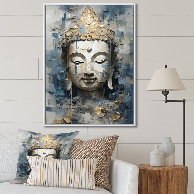 Statue religieuse du bouddhisme royal sur toile, Cadre flottant blanc, 44" H x 34" W