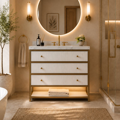 Meuble-lavabo autoportant de 36 po avec éclairage DEL, pierre d'ingénierie et tiroirs cannelés Celestia, quincaillerie dorée