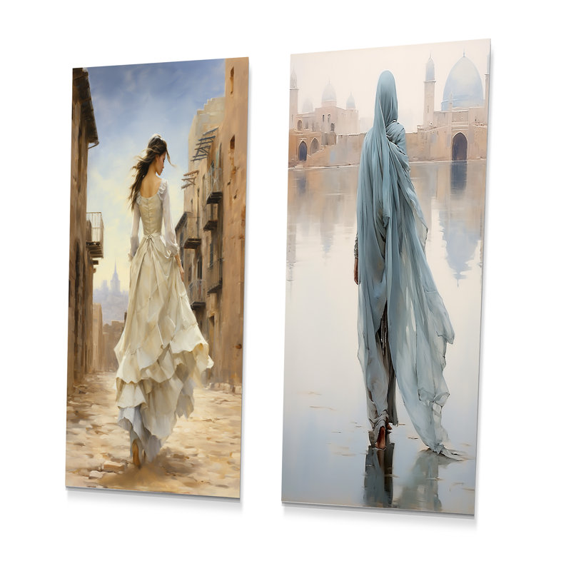 «Arabian Woman Walk Radiance I», ensemble de 2 impressions arabes en métal, H 32 po x l 32 po