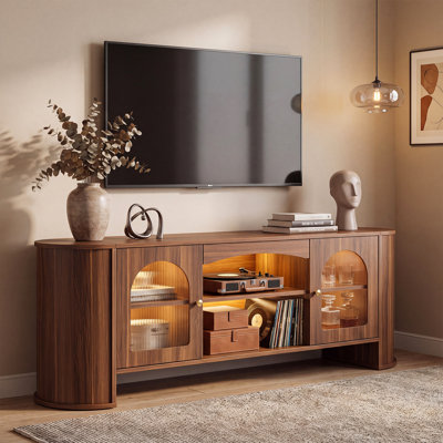 63" TV Stand with LED Lighting for 75 Inch TVs, Fluted Glass Doors