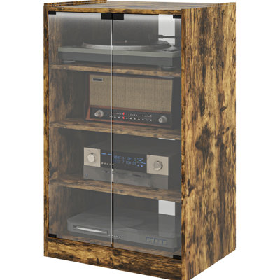 4 Media Cabinet, Rustic Brown - Audio Video Stand With Adjustable Shelves, Tempered Glass Doors For Gaming Console, Player, Receiver, Electronics Stor