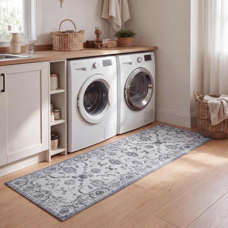 Tapis lavable à la machine Arabella, Tapis de couloir 2 pi x 8 pi, Ivory/Grey