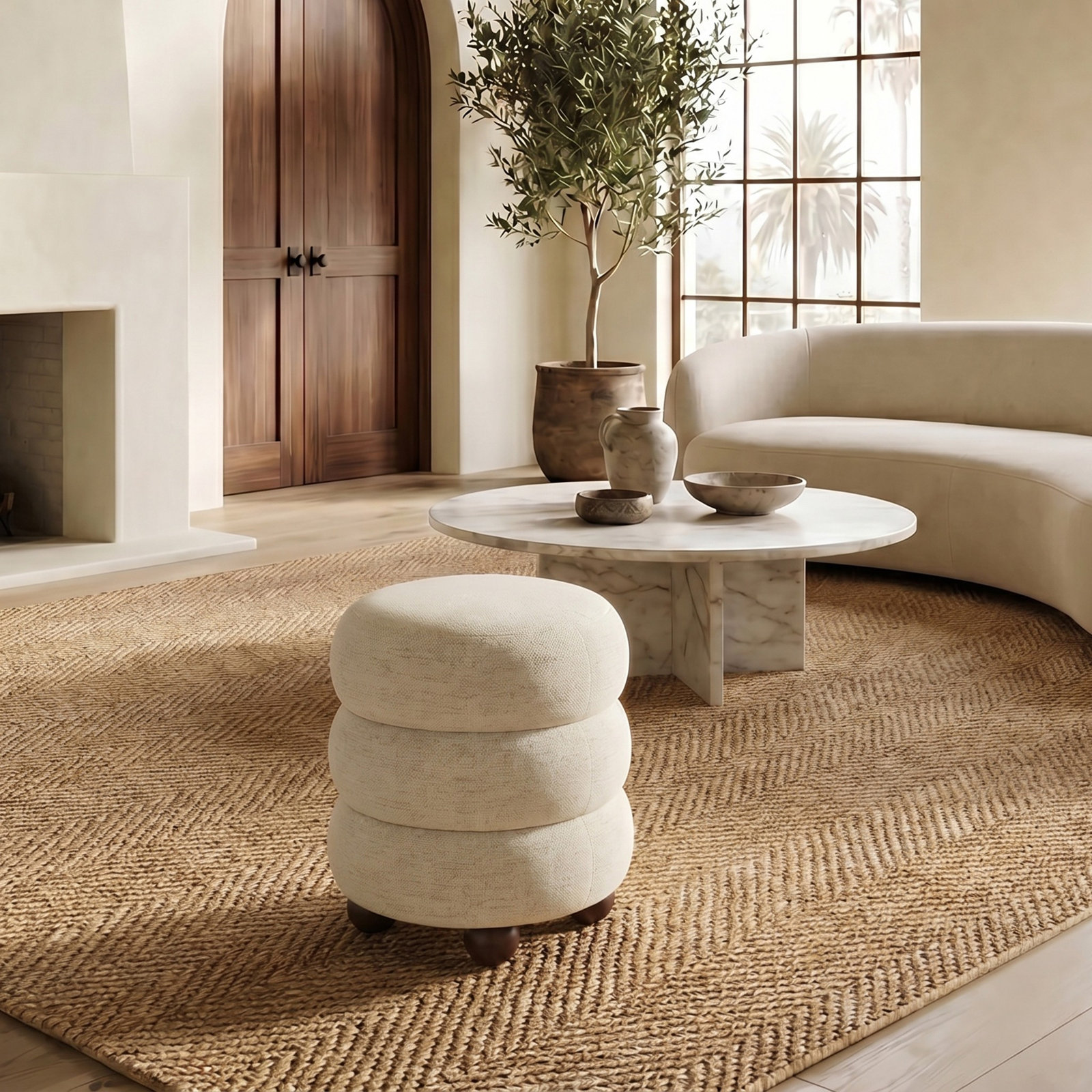 Vincente 17" Ottoman, Walnut, Taupe Chenille