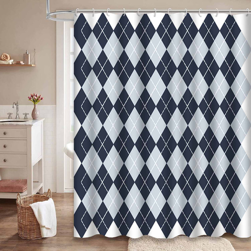 Argyle Blue Checkered Classic Fabric Navy Shower Curtain with 12 Hooks, 72" L x 84" W
