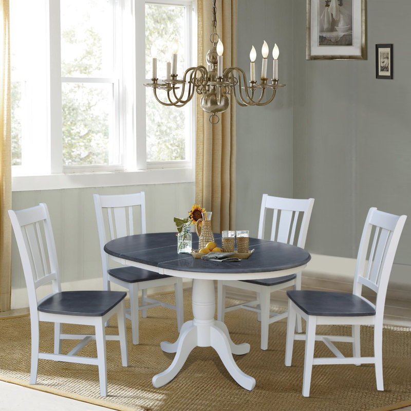 Ewalt 4 Person Extendable Solid Wood Solid Wood Top Pedestal Dining Set, 5, White/Heather Gray