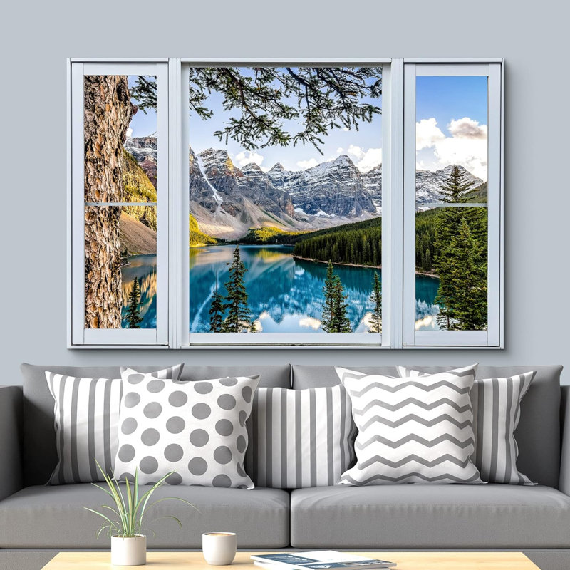 Window Scenery " Window View Snow Capped Mountain Range Forest Lake Nature Pictures Scenic Landscape ", 16" H x 24" W