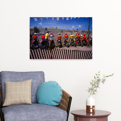 1980S Back View Starting Lineup At Motorcycle Dirt Track Cross Country Race Drivers Riders Wearing Helmets And Safety Gear Classic Retro Vintage Wa...