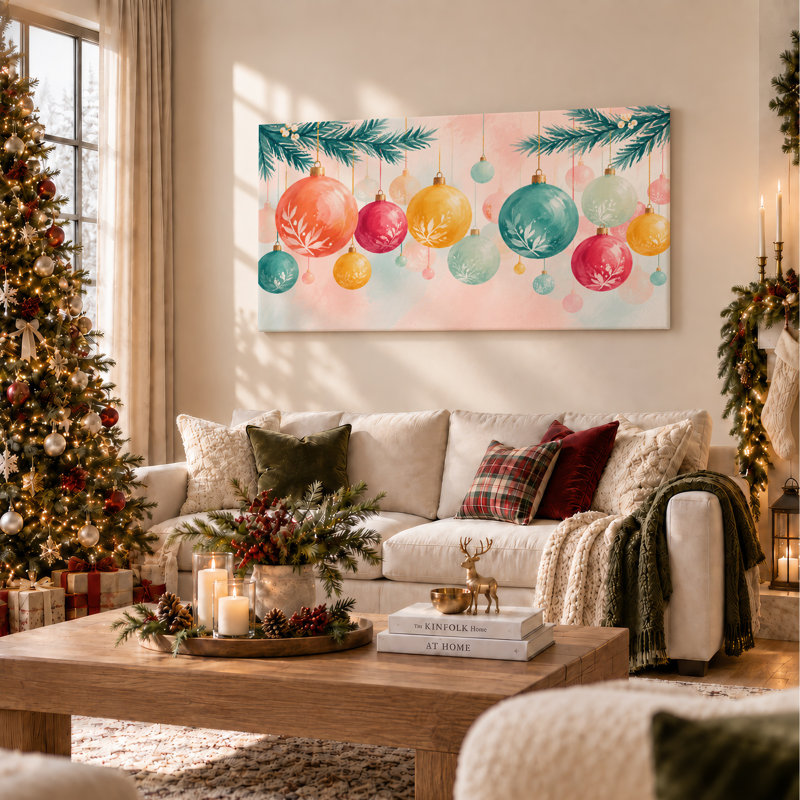 Aquarelle de boules suspendues à des branches de pin, art mural de Noël, L 40 po x H 20 po