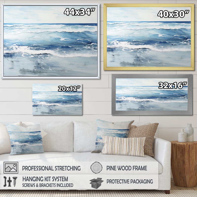 Doux couleur douce, vague de plage - art mural plage côtière, H 16 po x l 32 po x P 1 po, Cadre flottant doré