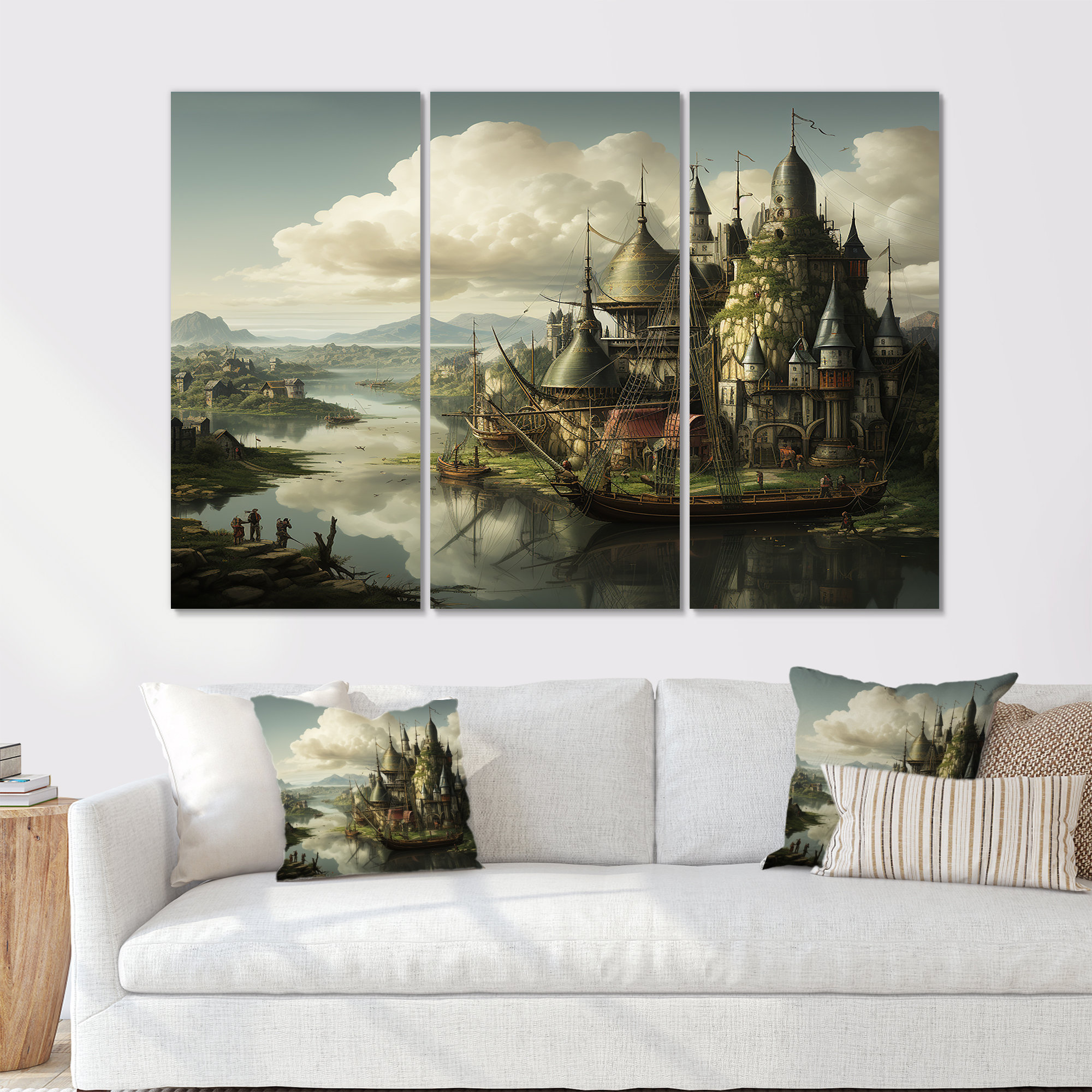 Design Art River Boat Arriving IN Medieval Castle Harbour - Castles ...