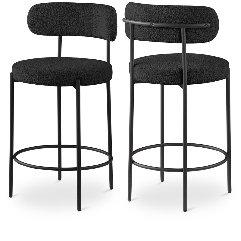 Hrisha Upholstered Counter Stool with Metal Frame, Black Boucle Fabric