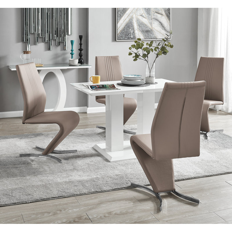 Eubanks High Gloss Double Pillar Dining Table Set with 4 Luxury Faux Leather Dining Chairs, Cappuccino Gray