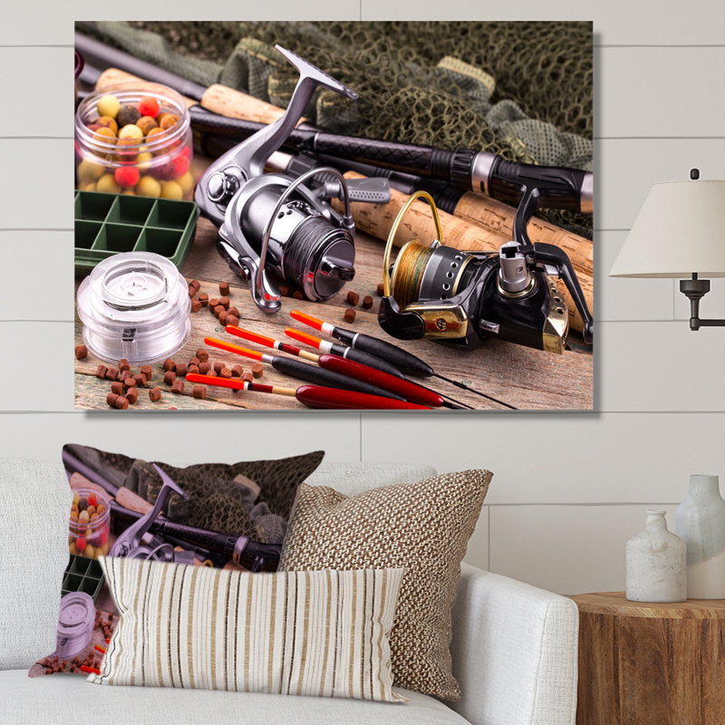 " Fishing Rods And Reels ", Wrapped Canvas, 16" H x 32" W x 1" D