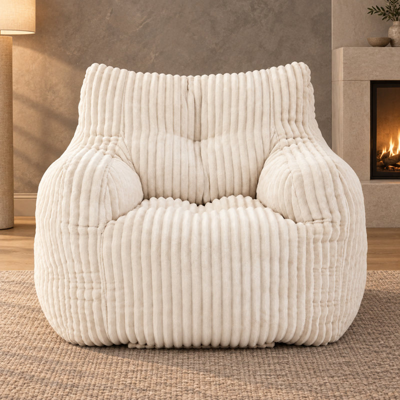 Fauteuil à billes en peluche de taille moyenne pour adulte avec rembourrage en mousse, Velours côtelé beige