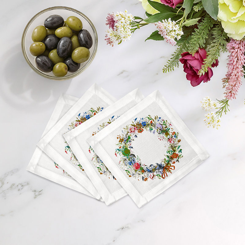 Wreath Flowers Cotton Sateen Cocktail Napkins, Orange