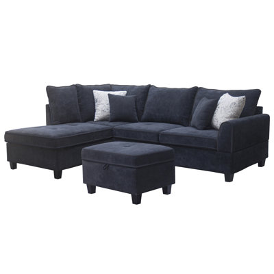 Gabriella 99.5"W Black Fabric Sectional Sofa With Left-Facing Chaise And Storage Ottoman