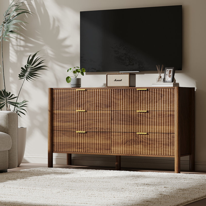 Commode 6 tiroirs l 55,1 po, commode en bois cannelée avec pieds en bois massif pour chambre à coucher, salon, noyer, Walnut