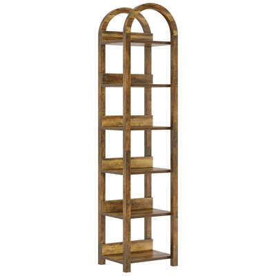 6 - Tier Arched Bookcase, Sophisticated Design For Reading Corners, Fits Tight Versatile Shelving Different Items, Brown Wood Grain, Tip Kit Slim Storage Unit, Compact Vertical Design, Space Saving