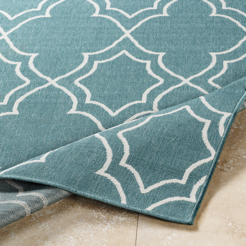 Tapis géométrique intérieur / extérieur turquoise / blanc Gilead, Tapis de couloir 2 pi 3 po x 11 pi 9 po
