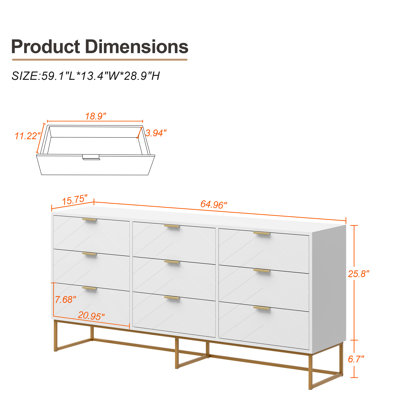 9 Drawer 65" W V-shaped Line Dresser
