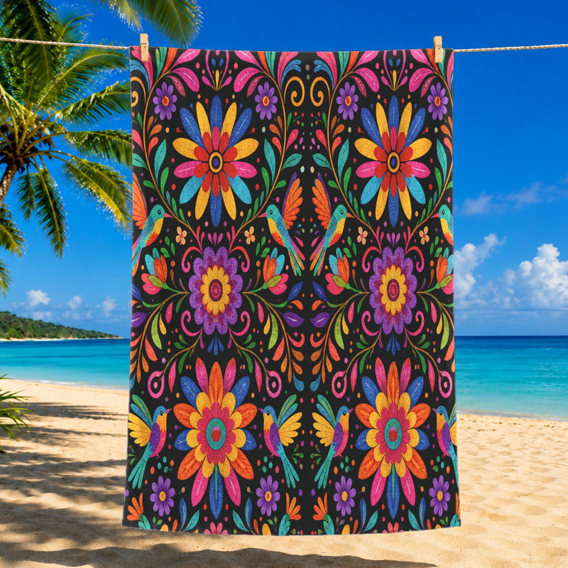 1pcs Serviette d'oiseaux florale vibrante, avec des fleurs aux couleurs vives et dans un style d'art populaire. Grande microfibre, idéale pour la plage, la piscine, les voyages, unisexe.