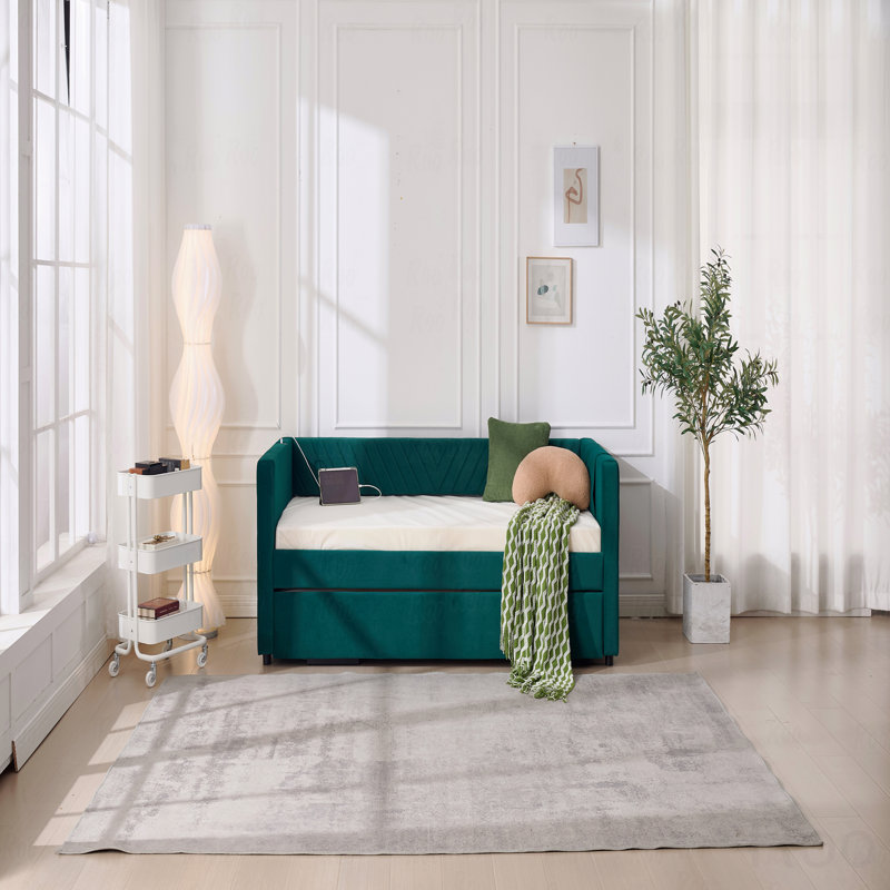 Upholstered Trundle Daybed, Twin Size,USB Port,Side Pockets, Modern V-Grained Backrest Design,No Box Spring Needed, Emerald
