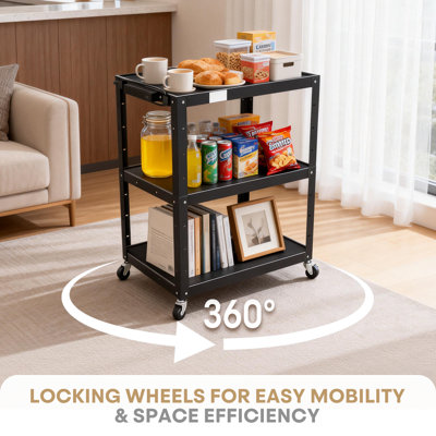 3-Tier Utility Cart With Wheels, Rolling Computer Cart With Power Strip, Power Outlets and USB Ports