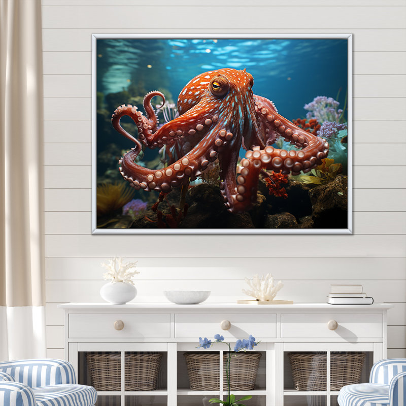 The Graceful Octopus - Octopus Wall Decor, White Floater Framed, 24" H x 32" W x 1" D