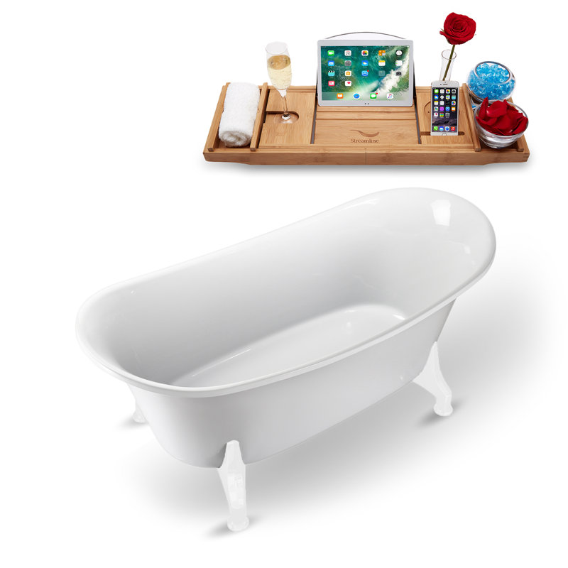 Baignoire de trempage sur pieds 59 "avec drain, pattes et plateau en bambou 59" Streamline, Blanc lustré, Chrome poli
