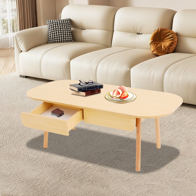 Table basse moderne avec tiroirs doubles pour le salon, Bois jaune clair